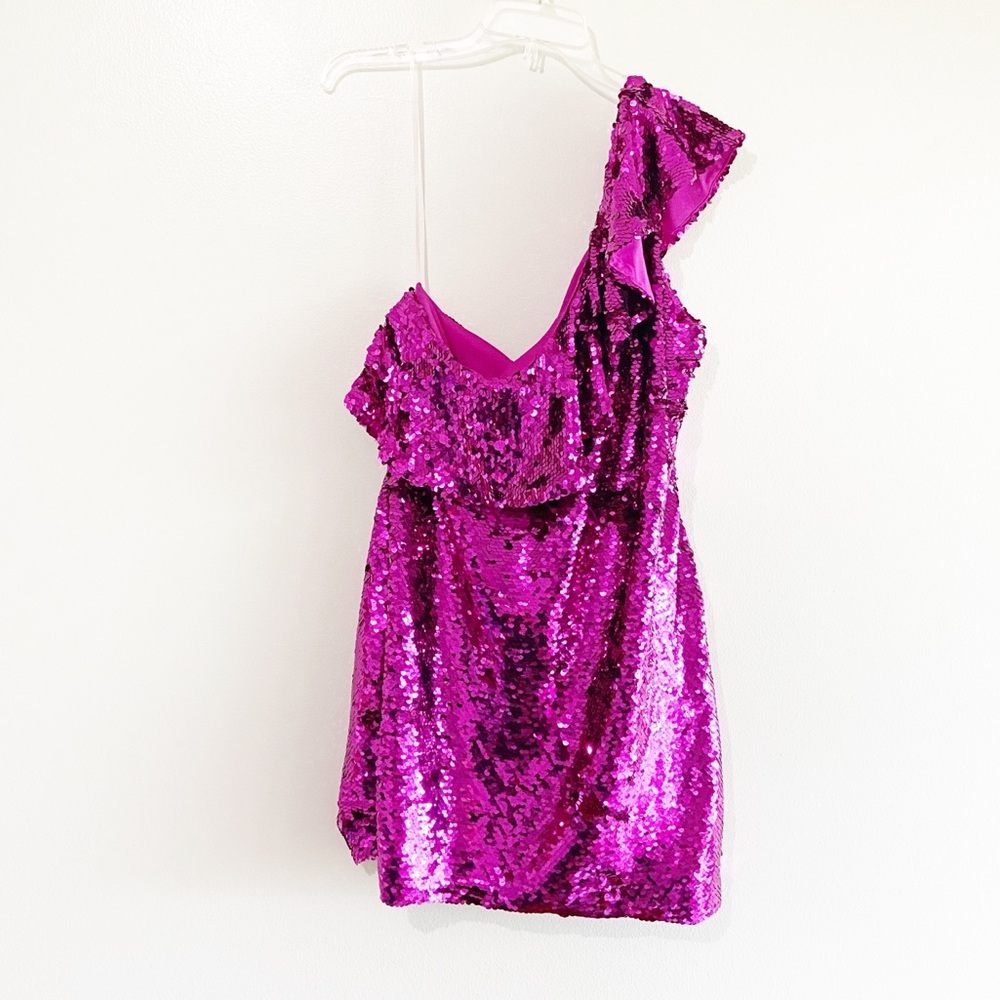 Leith One Shoulder Ruffle Pink Sequin Dress